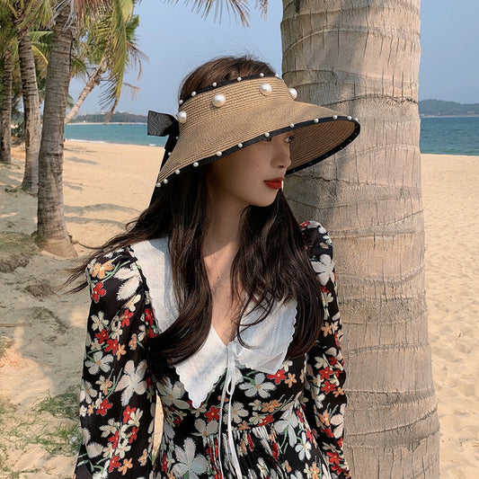 Straw Sun Protection Simple Empty Top Pearl Topless Sun Hat