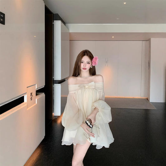 Womens Solid-Color French-Style Bow-Trimed Off-the-Shoulder Chiffon Dress