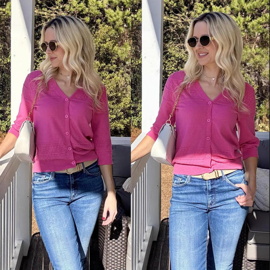 Women's Thin Cape 34 Sleeve Hollow-out Knitted V-neck Cardigan