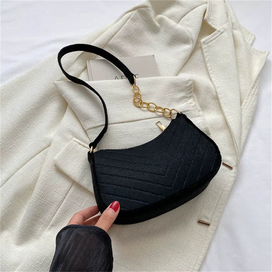 Women’s Retro Felt Underarm Bag - Solid Color Shoulder Bag, Casual Dumpling Crossbody Purse