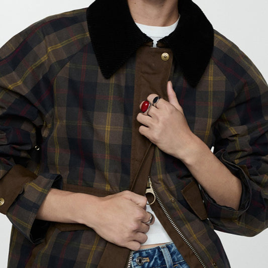 Autumn And Winter Plaid Fur Collar Cotton-padded Coat