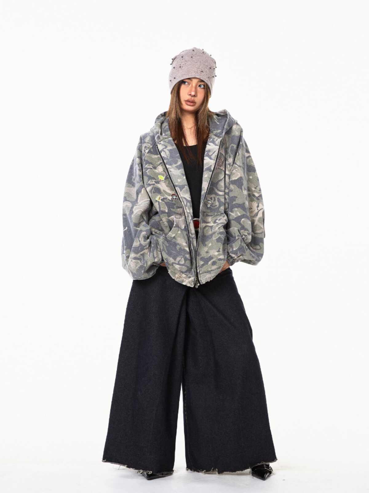 Retro Camouflage Stitching Hooded Jacket For Women Baggy Coat