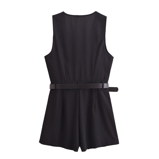 V-neck With Belt Short Jumpsuit