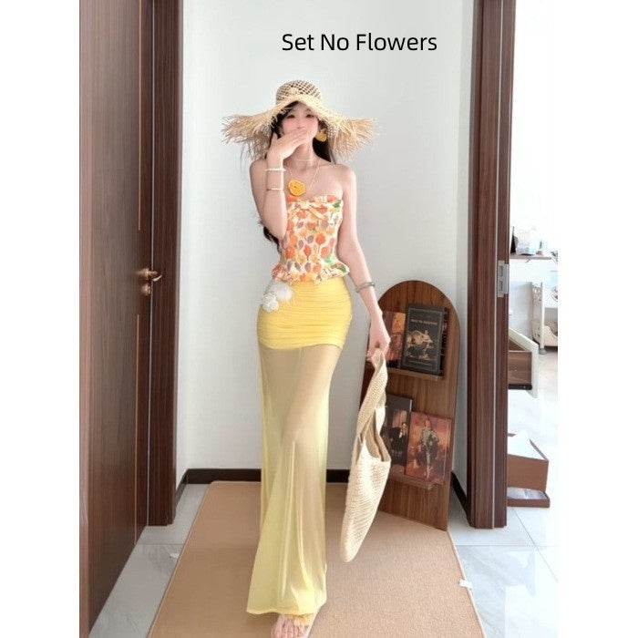 Elegant Printed Tube Top Mesh Sheath Skirt For Women
