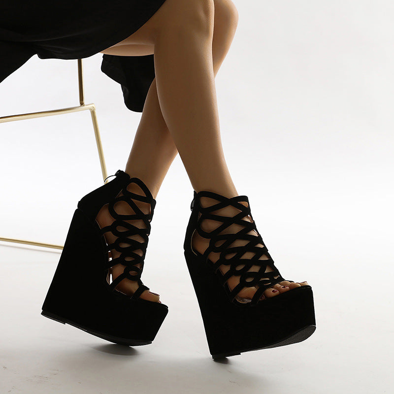 New Women's Shoes Hollow Wedge Heel Suede Toe Roman Sandals