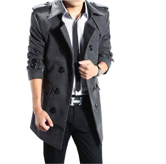 Men's double-breasted woolen trench coat