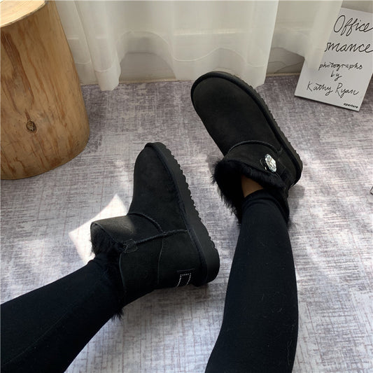 Women's mid-tube flat-bottomed fur snow boots