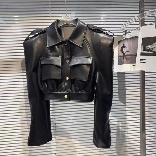 Short Motorcycle Clothing Leather Long-sleeved Coat Fried Street Fashion PU Leather Jacket