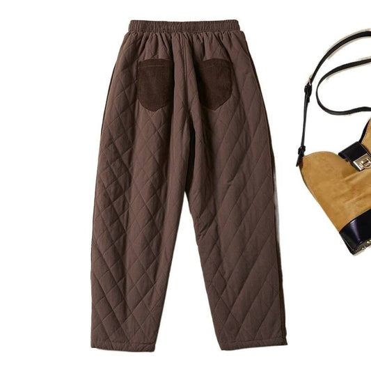 Womens Retro Diamond-Quilted Elastic-Waist Thermal Pants