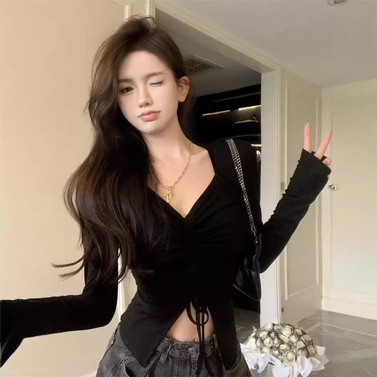 Split Hem Drawstring Waist Fitted Design Long Sleeve T-shirt
