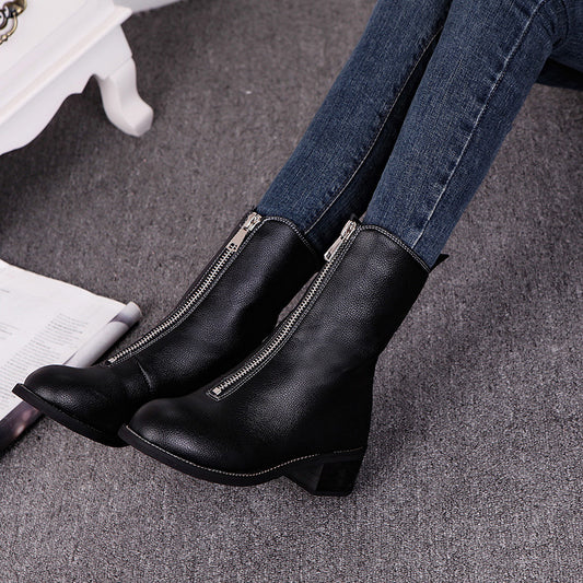 Flat Mid-Tube Soft Leather Front Zipper Single Boot