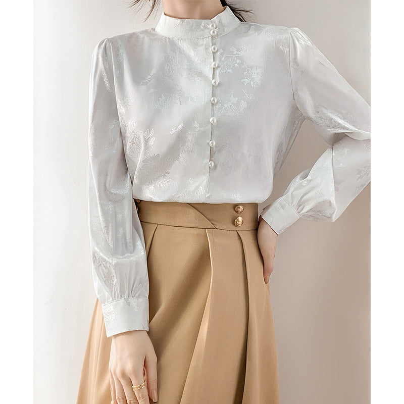Stand Collar Long Sleeve Shirt Women's Design Beaded Western Style Inner Bottoming Top