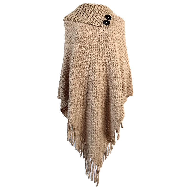 Buttoned half-open collar tassel cape shawl