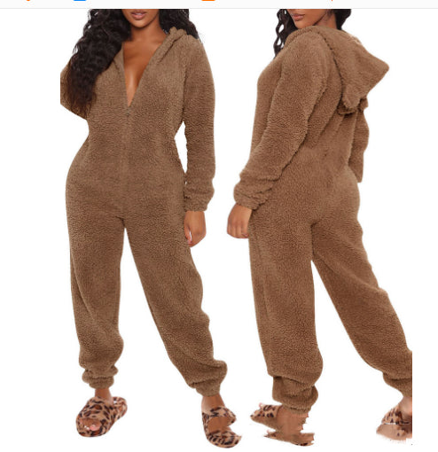 New Autumn And Winter Long Sleeve Hooded Casual Jumpsuit Trousers Plush Homewear Pajamas Cute Jumpsuit