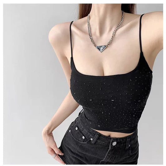 Womens High-waisted Midriff-baring Top With A Square Neckline Featuring A Double-layer Mesh Design