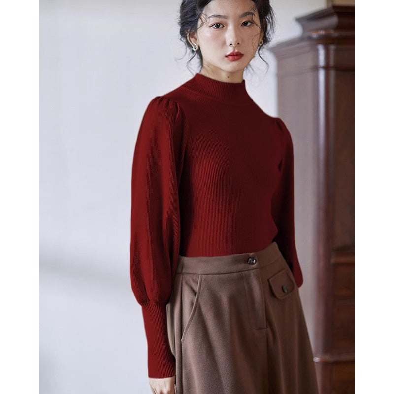 Womens French-style Puff-sleeve Mock-neck Base Layer Top