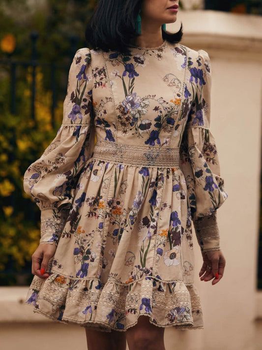 Flower And Plant Balloon Sleeve Mini Dress