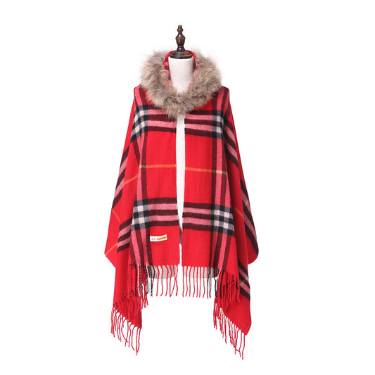 Women's Shawl Raccoon Fur Collar Wool Plaid Scarf