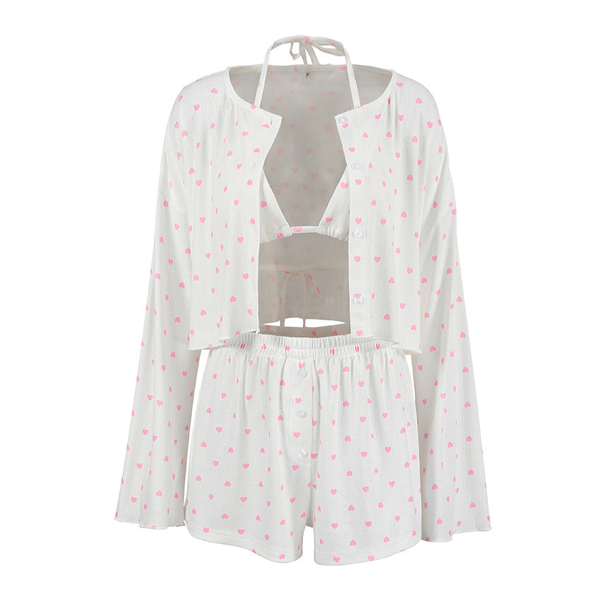 Autumn Knitted Heart-Print Womens Fashion Long-Sleeve Underwear Shorts Womens 3-Piece Loungewear Set