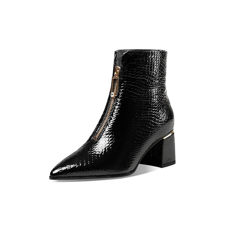 Women's Leather Thick Heel Pointed Toe Boots