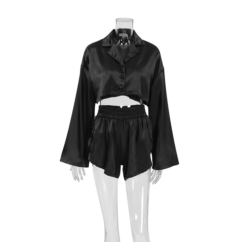 Home Wear Satin Long-Sleeve Slit Shorts Two-Piece Set Sexy Pajamas