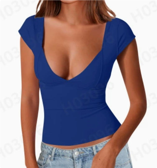 Amazon Cross-border Women's Heart-shaped Collar Short Sleeve T-shirt Women's Solid Color Slim Basic Fashion Exposed Navel