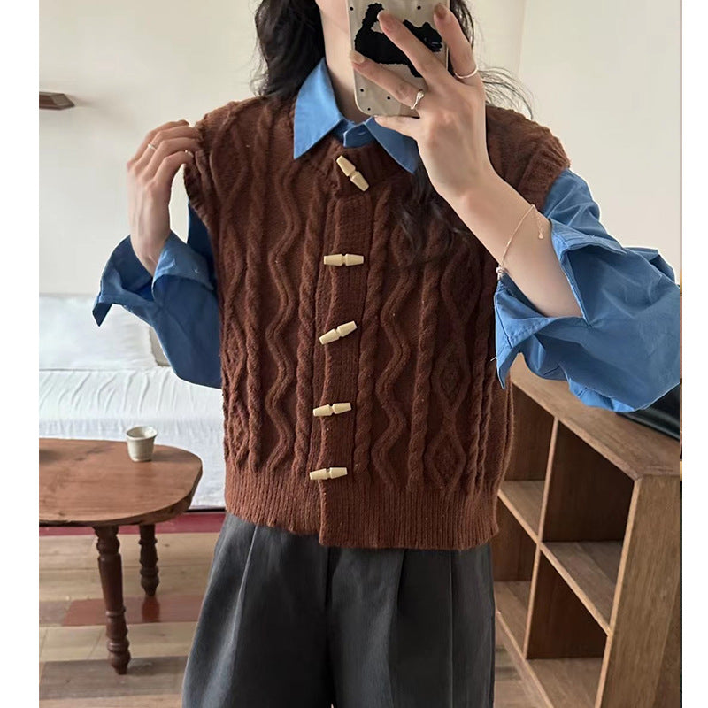 Horn Button Retro Twist Knitted Vest Cardigan For Women