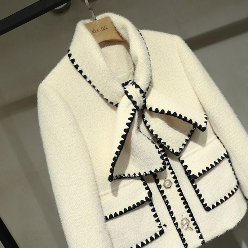 Women's New Western Style Lapel Bow Short Slim Mink Velvet Jacket