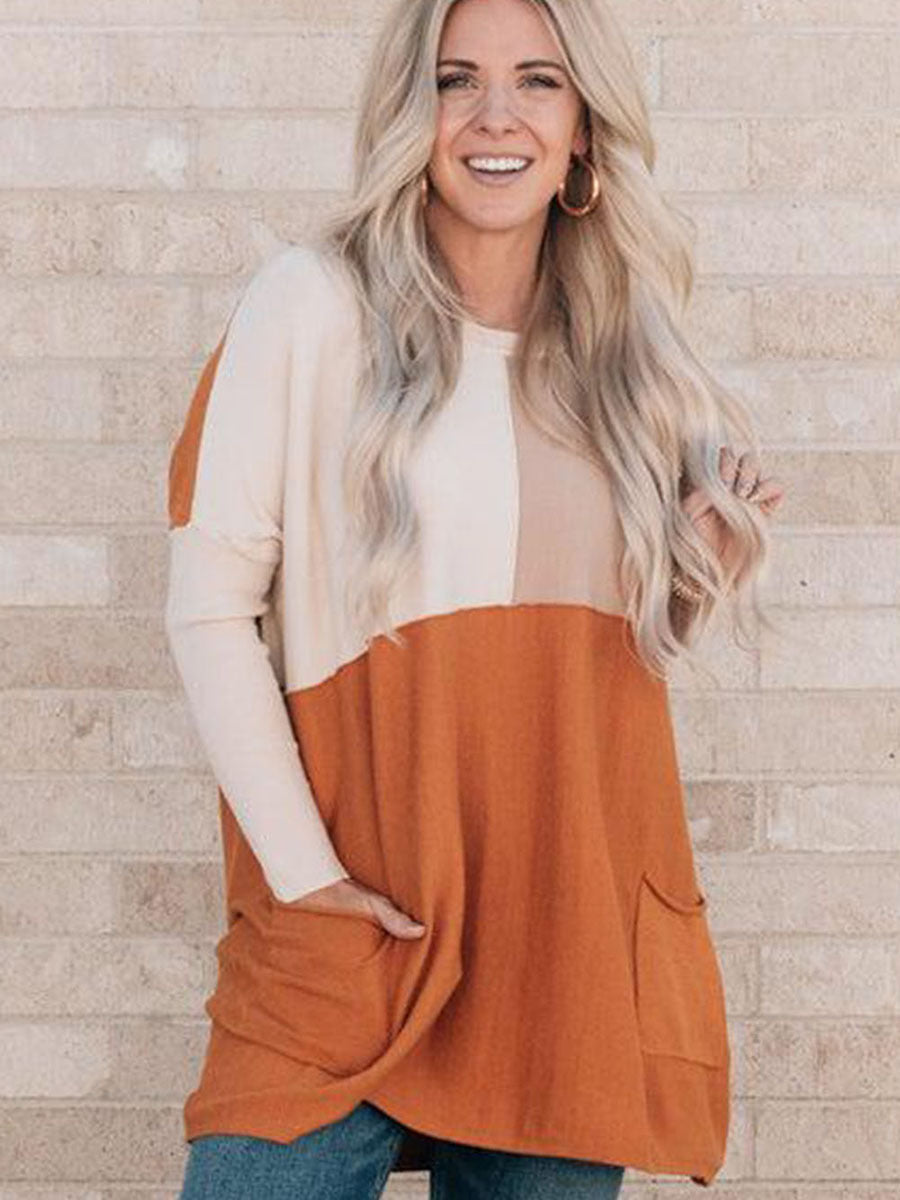 Women's Orange Pocket Color Matching Long-sleeved Top