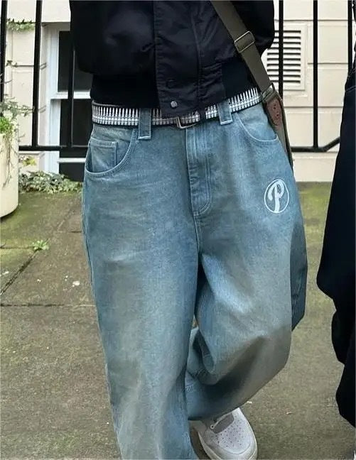 Amerikansk Gade Baggy Afslappet Retro Hip Hop Print Stilfuld Mode Højtaljede Jeans til Mænd