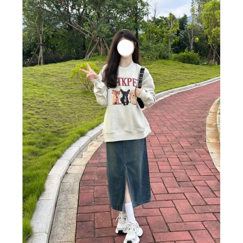American Retro Cartoon Puppy Gray Sweater Female Spring And Autumn Idle Style Niche Round Neck Long Sleeve Top