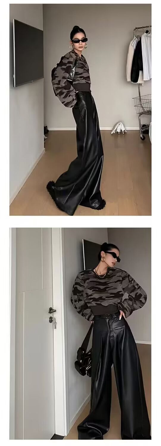 High Waist Drooping PU Leather Pants Female