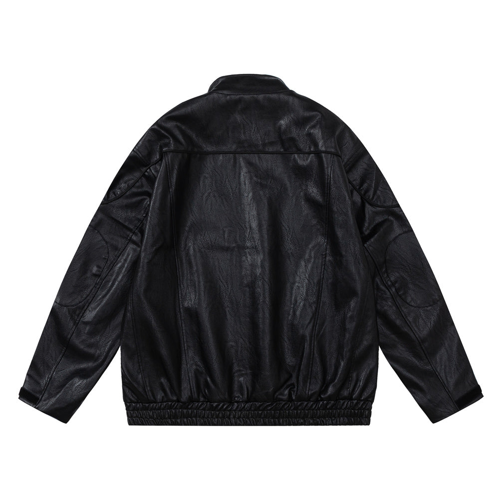 Loose Casual Deconstructing Patchwork Stand-up Collar PU Leather Jacket Coat