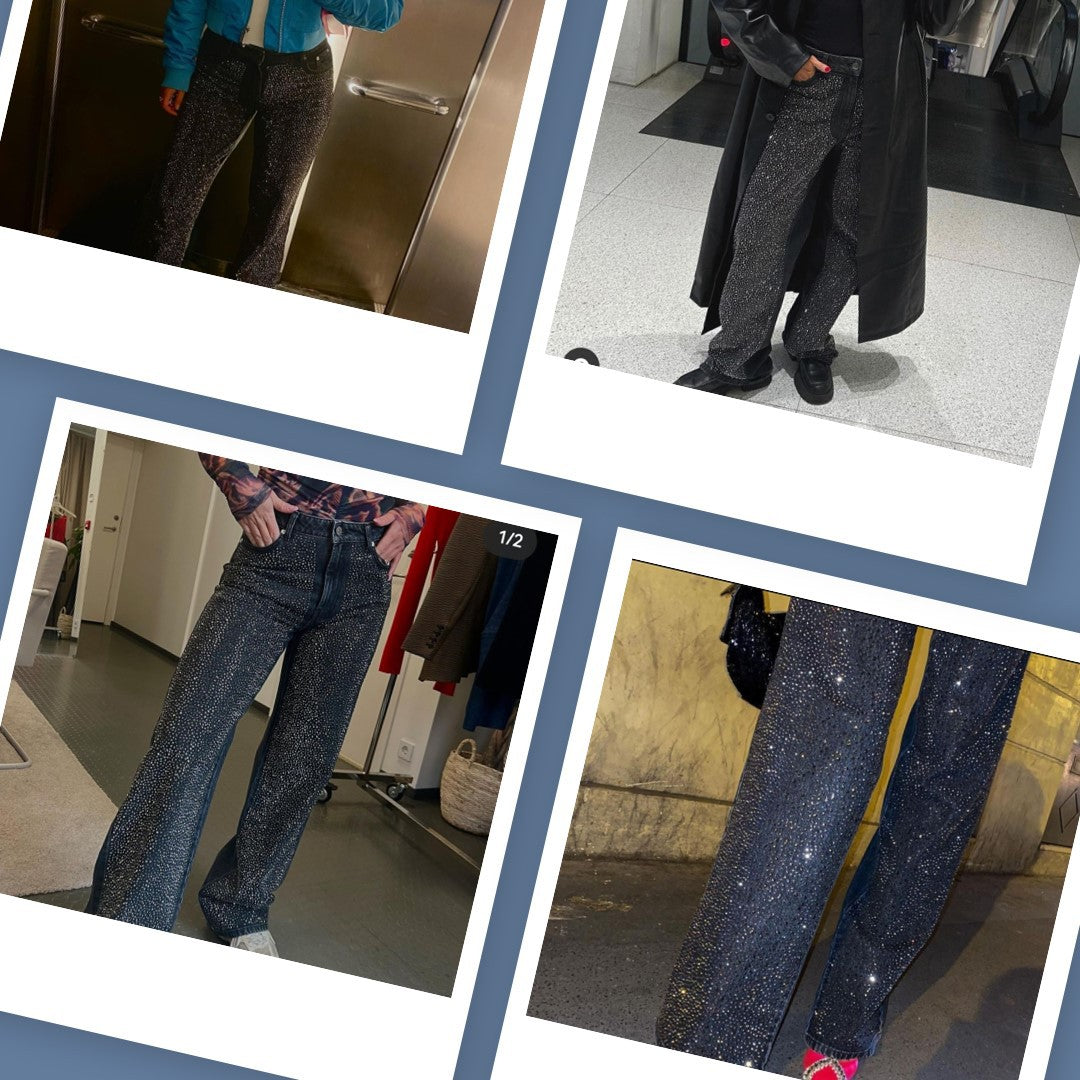 Black Rhinestone Loose Women's Long Casual Jeans
