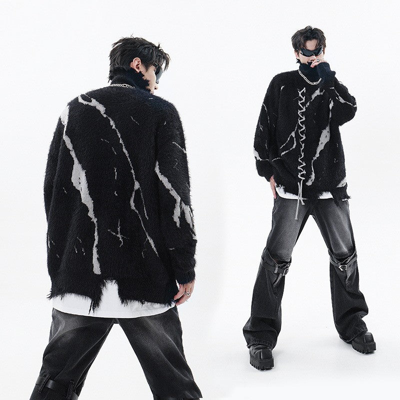 Ripped Design Jacquard Rope Turtleneck Sweater