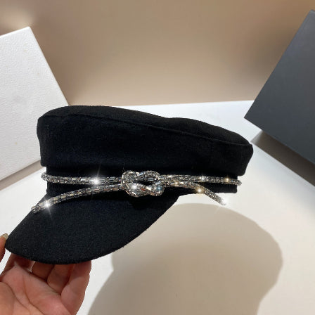 Women's Rhinestone Woolen Navy Hat