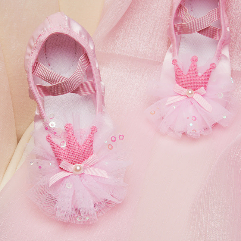 Satin Crown Dancing Shoes Girl Soft Bottom