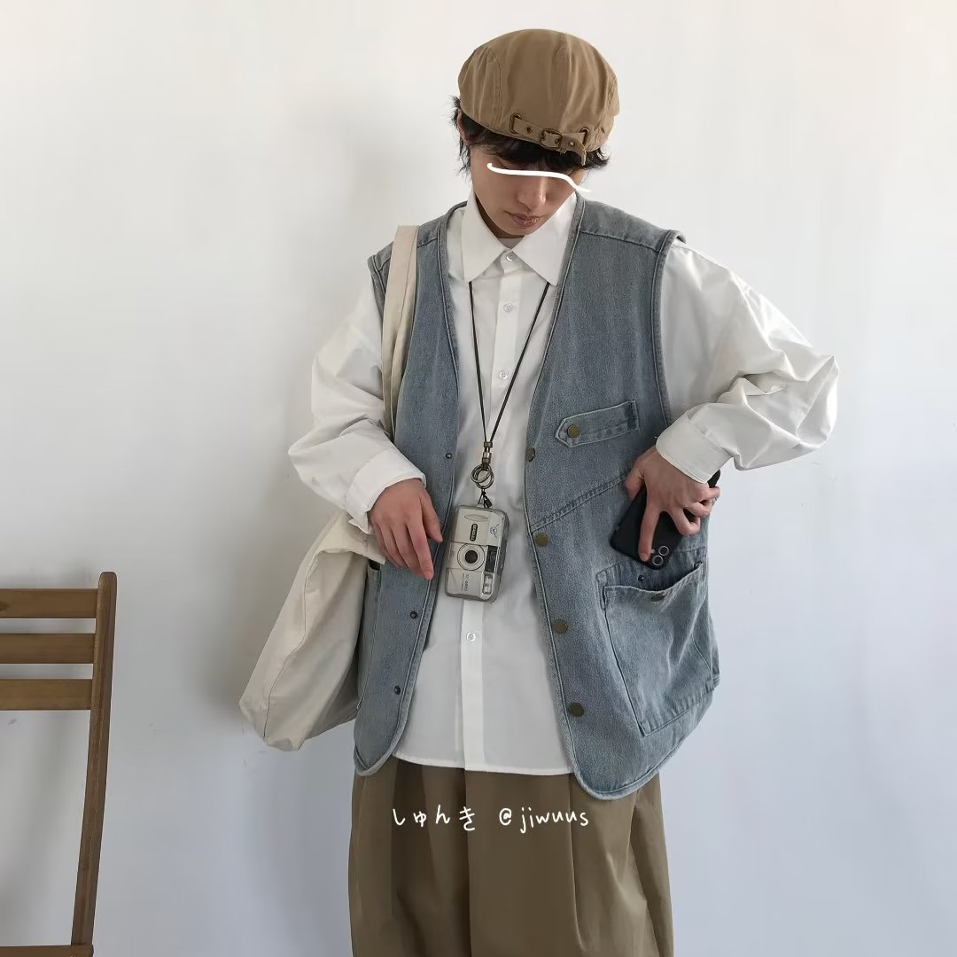 Retro Worn Looking Washed-out Denim Frock Vest Neutral Street Style