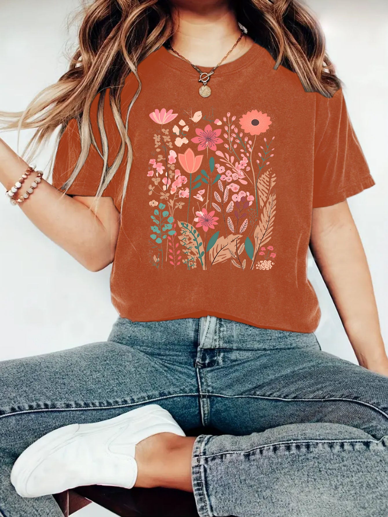 European And American Summer Women's Plant Flower Graphic Print Crew Neck Short Sleeve