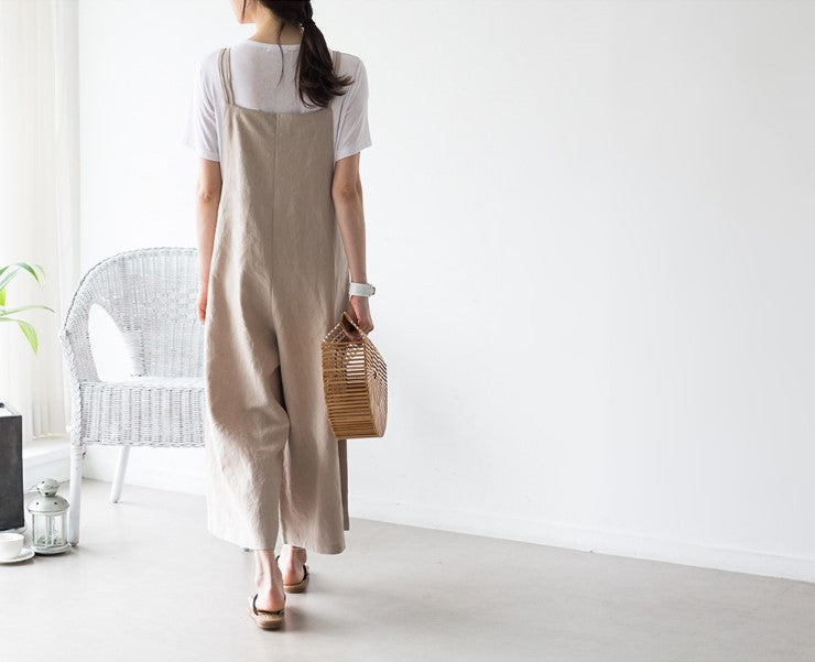 New Loose Casual Wide Leg Cotton Hemp Sling Jumpsuit