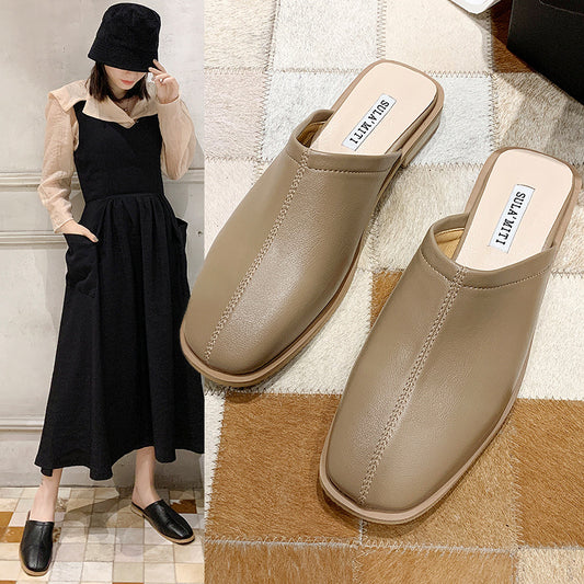 Women's Low Heel Baotou Soft Leather Sandals