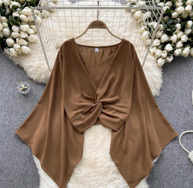 Niche Design V-neck Knot Bell Sleeve Shirt