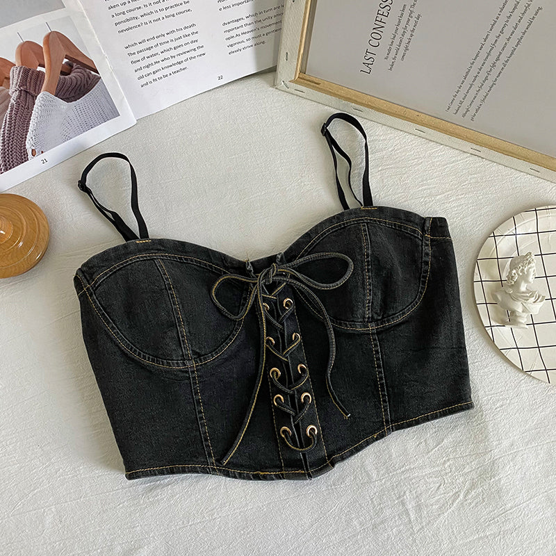 Bow Tie Drawstring Cropped Denim Camisole
