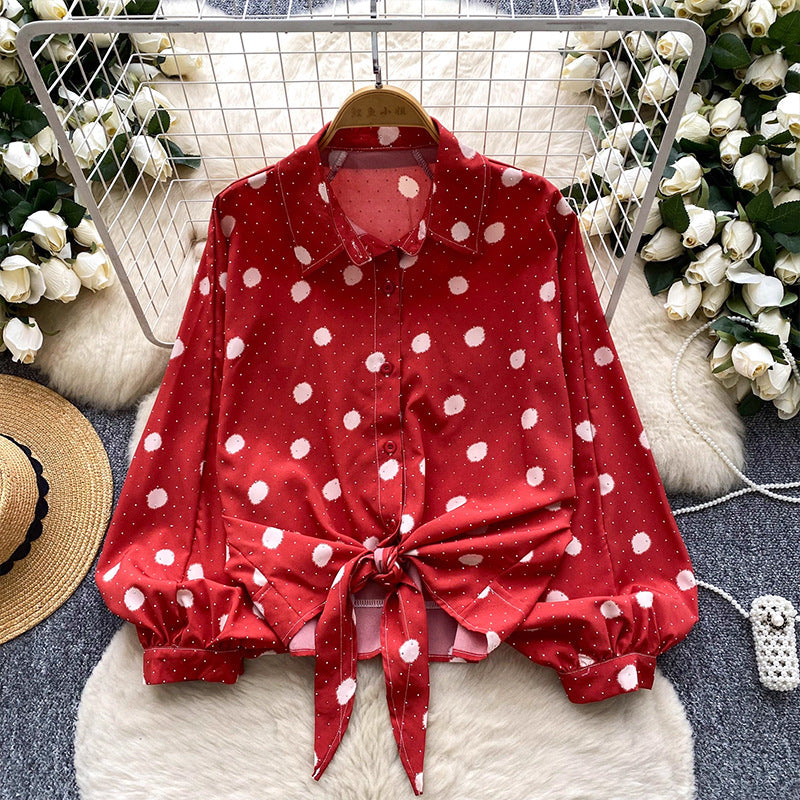 Tie-waist Lantern Sleeve Polka Dot Hot Drill Shirt