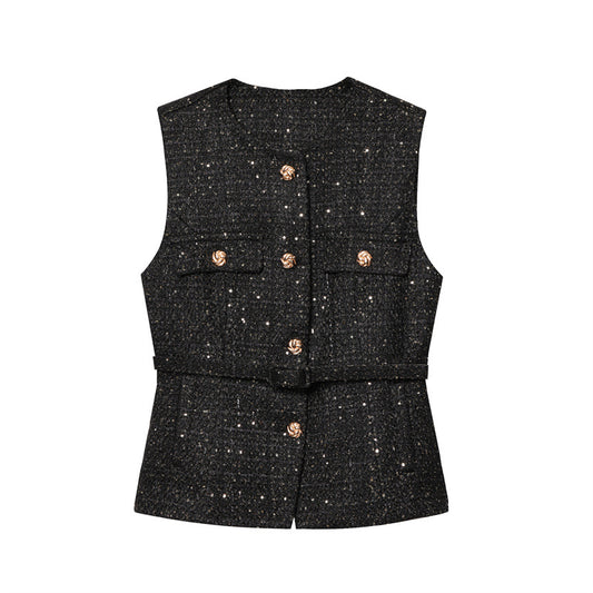Women's Fashion Casual Sleeveless With Belt Texture Vest
