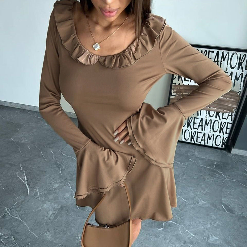 New Solid-color U-neck Flared-sleeve Long-sleeve Dress Skirt