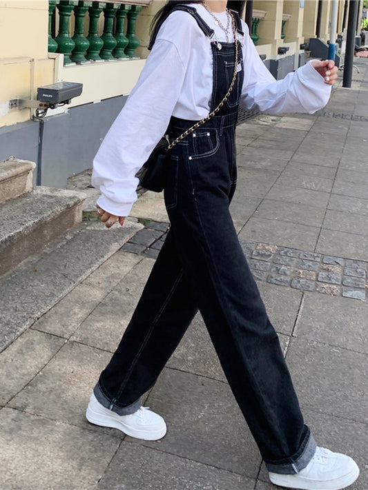 Retro High Waist Straight Black Denim Bib Pants