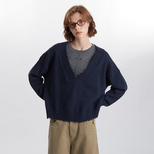 European And American Raw Edges Design V-neck Long-sleeved Sweater