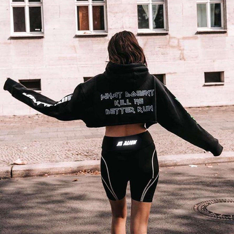 Reflective letter print sports fitness five-point pants
