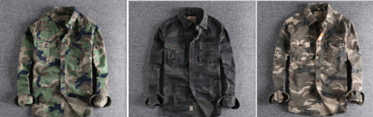 Washed Camouflage American Overalls Long Sleeve Shirt Men